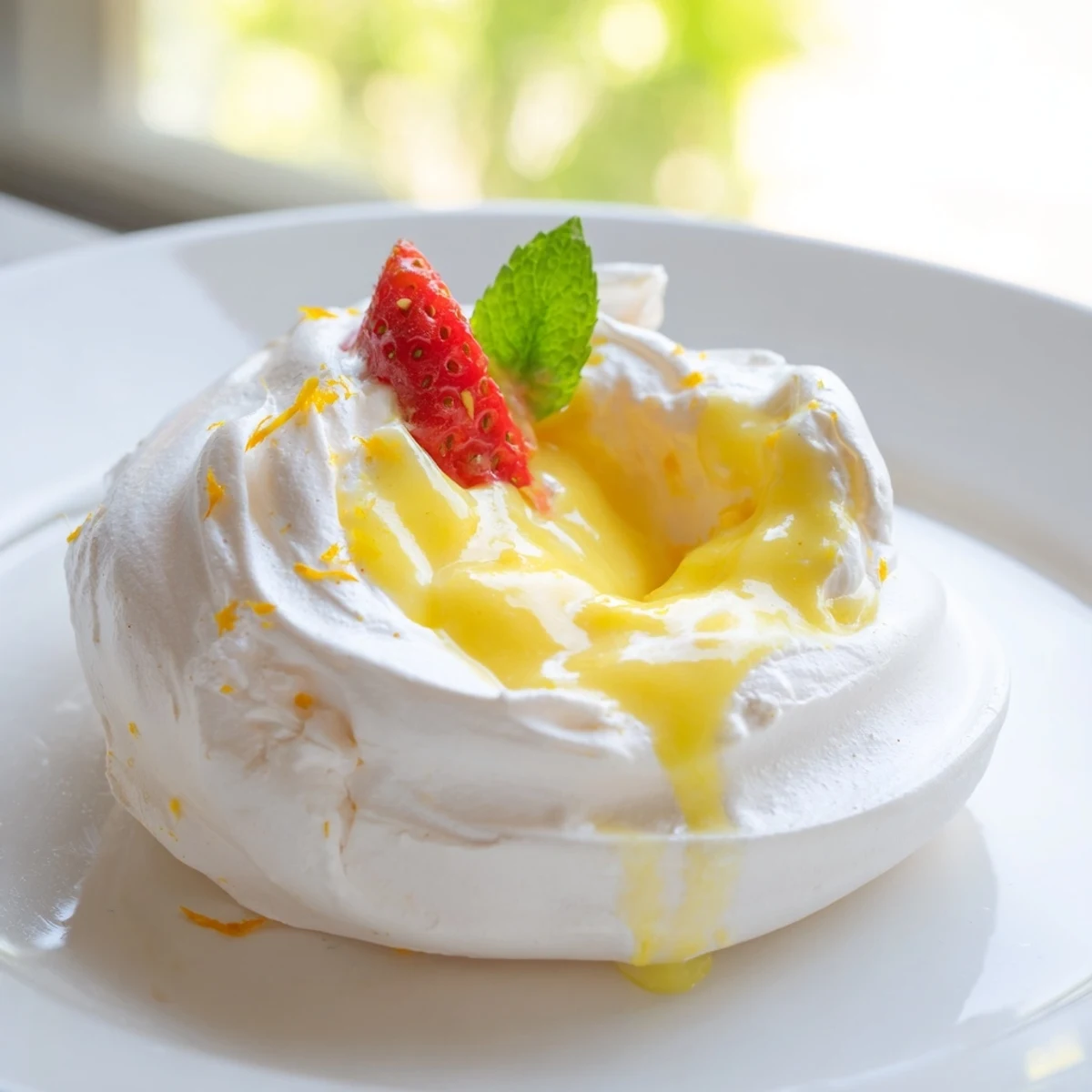 Delicate meringues with citrus curd featuring glossy yellow filling on white dessert plate