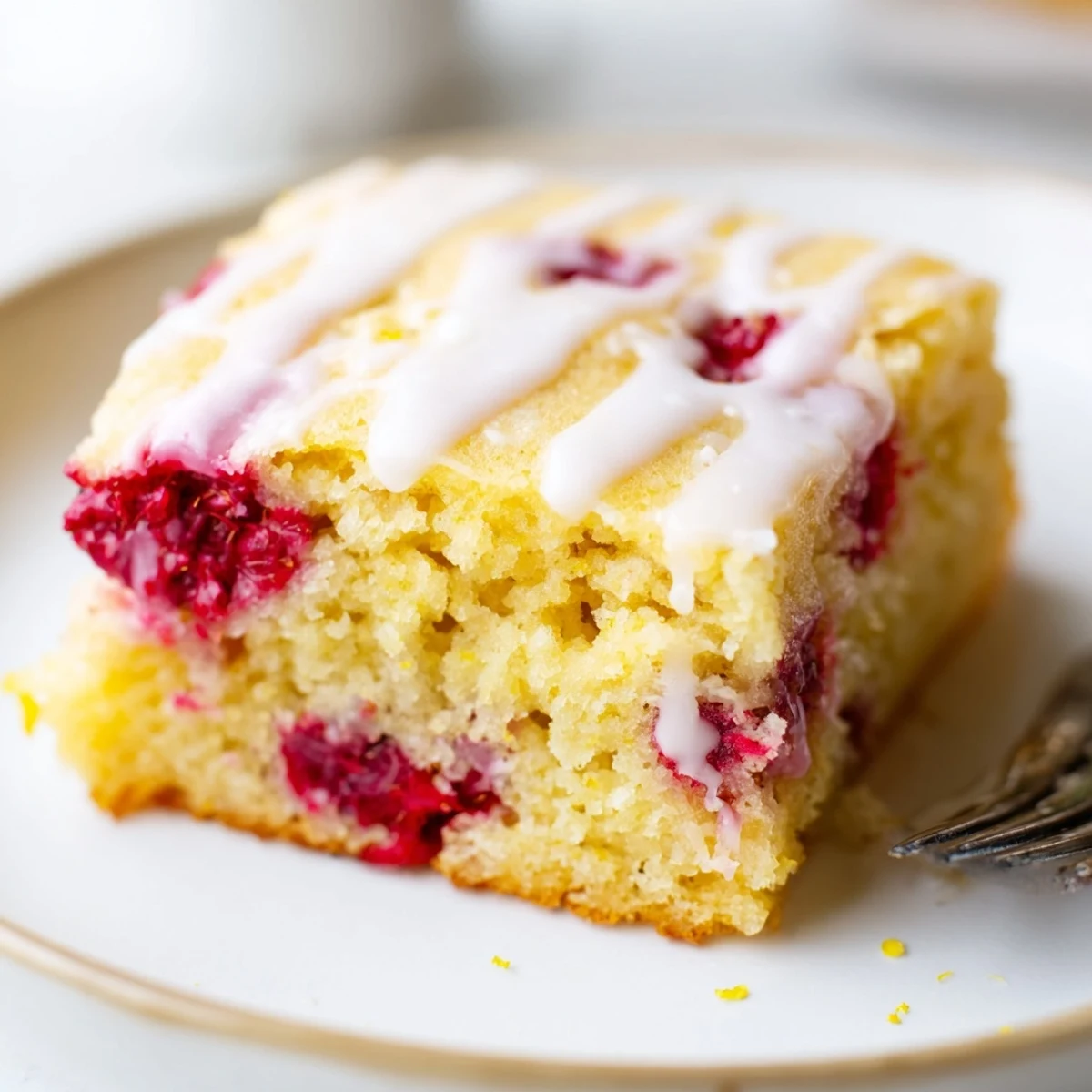 Chewy raspberry lemon blondies studded with fresh red berries and bright citrus glaze