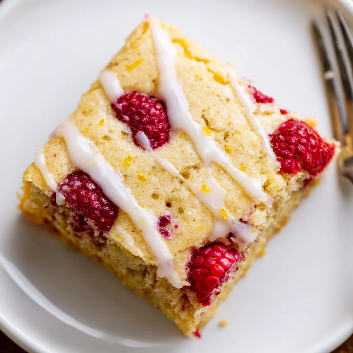 Soft golden raspberry lemon blondies drizzled with white zesty glaze on a serving plate