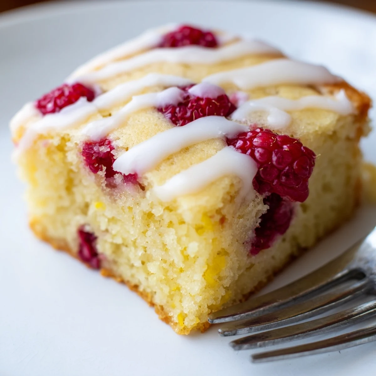 Homemade raspberry lemon blondies topped with tangy icing and whole raspberry garnish
