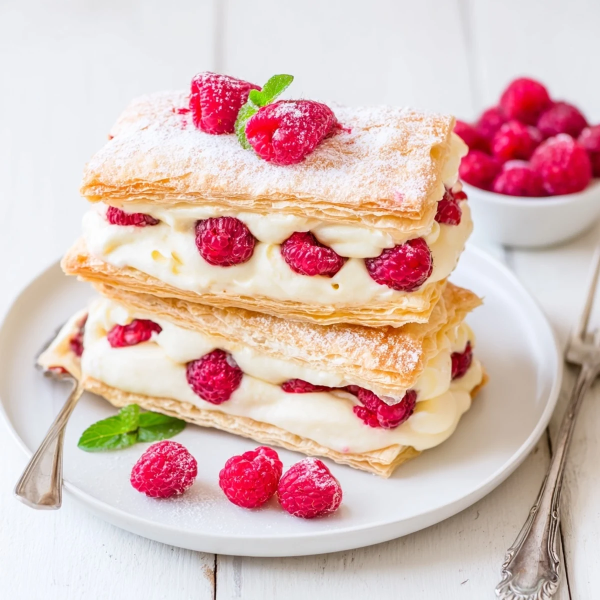 Golden raspberry cream Napoleons layered with fluffy vanilla custard and fresh red berries on a white plate