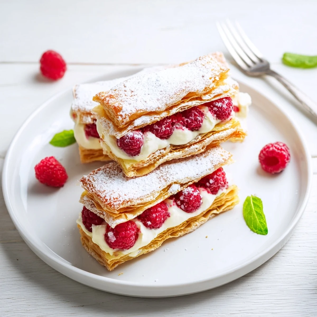 Triple-layered raspberry cream Napoleons arranged on serving platter with mint garnish and sweet dusting of confectioners sugar