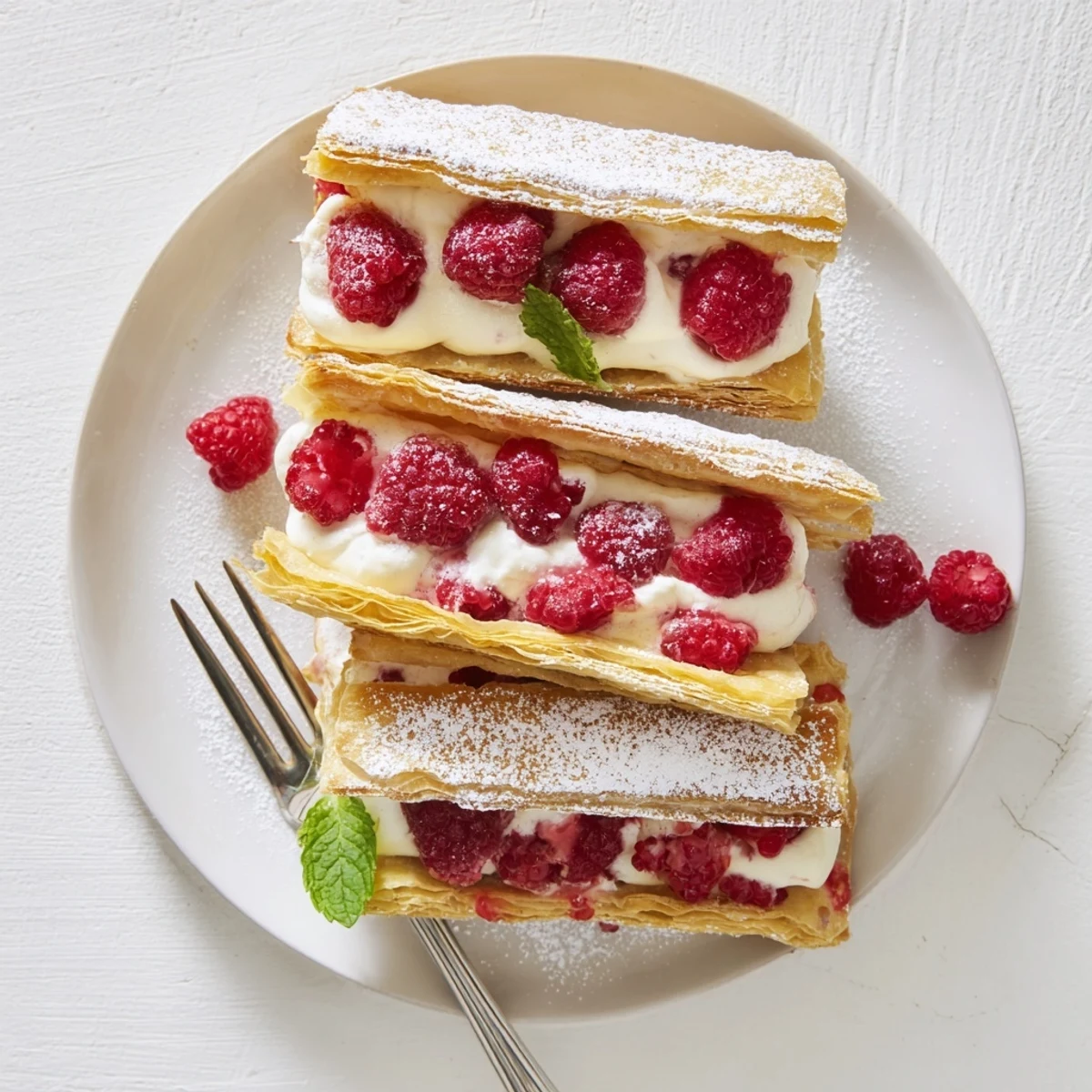 Elegant French dessert showcasing crisp puff pastry stacks filled with velvety cream and ripe raspberries topped with powdered sugar