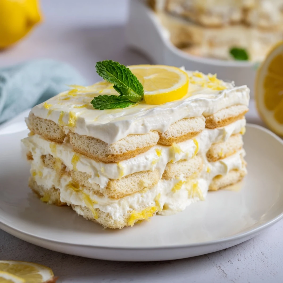Fresh lemon tiramisu layered dessert with lemon-soaked ladyfingers and creamy mascarpone filling garnished with mint