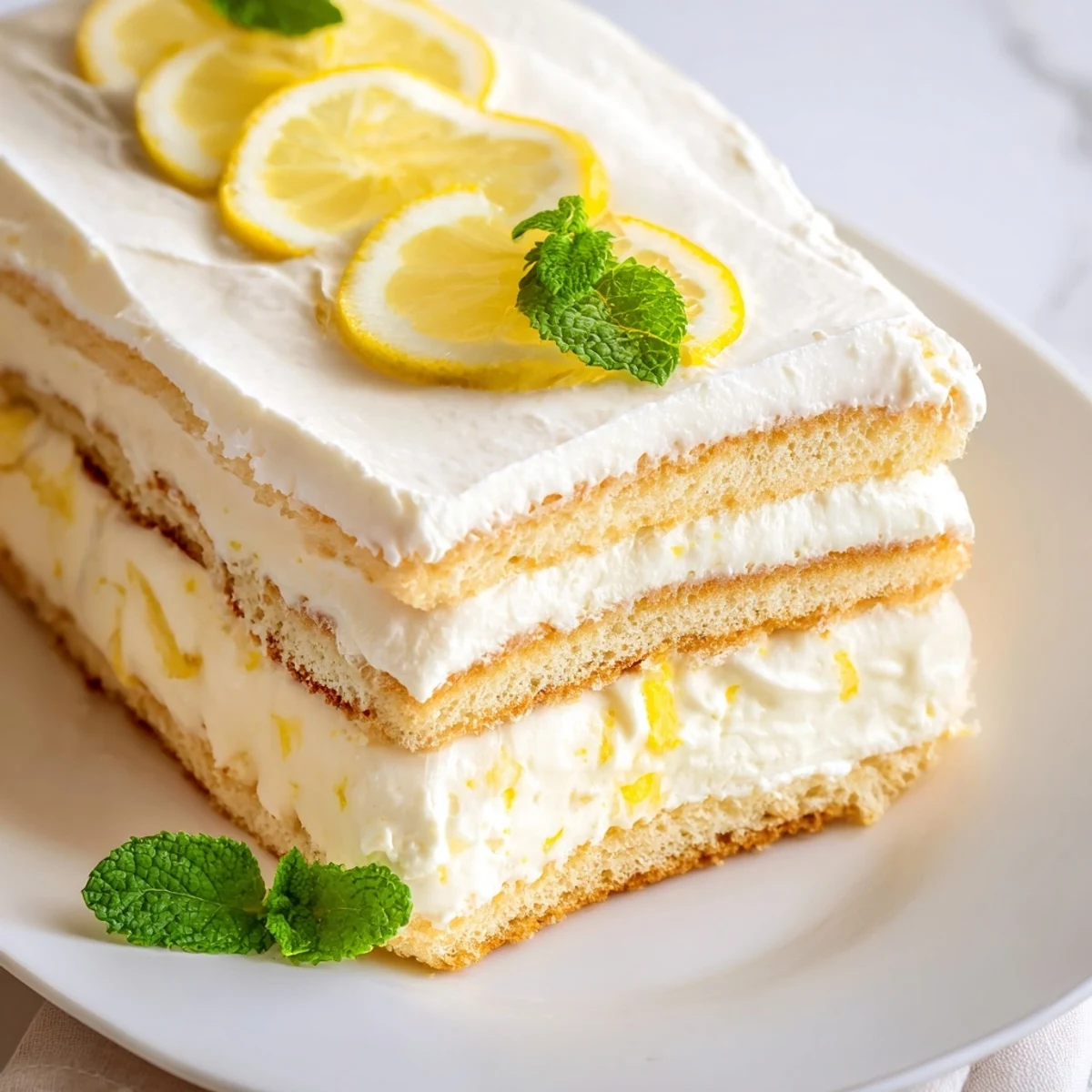 Bright citrusy fresh lemon tiramisu featuring airy mascarpone layers and delicate ladyfingers in a glass serving dish