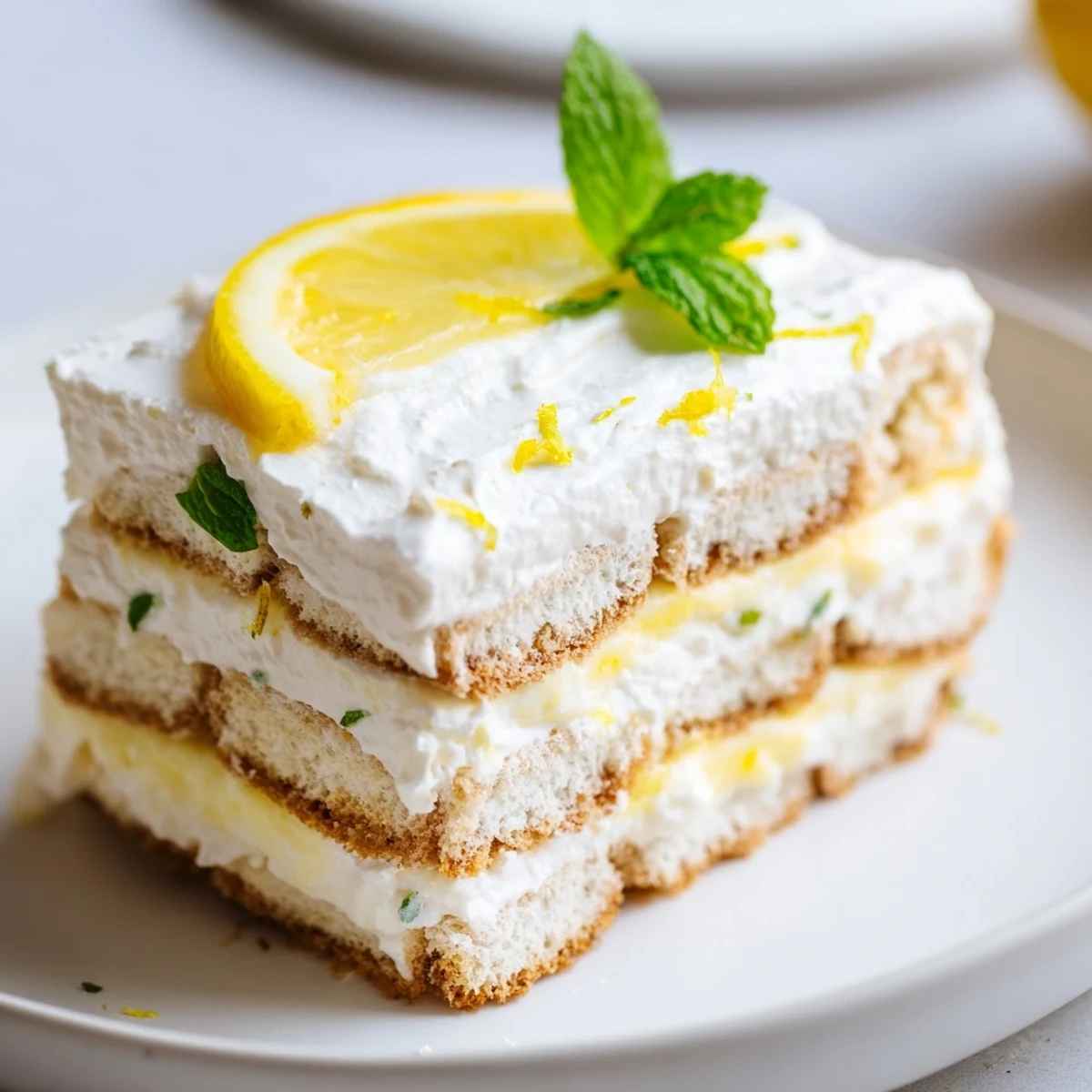 Creamy lemon tiramisu dessert with whipped mascarpone and zesty ladyfingers topped with fresh lemon slices