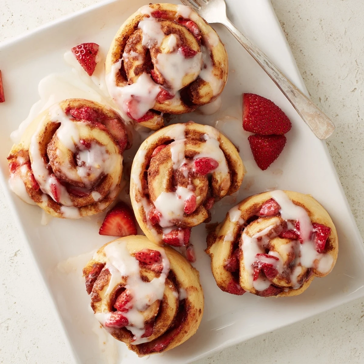 Fresh baked strawberry cinnamon rolls with cream cheese glaze dripping down the sides