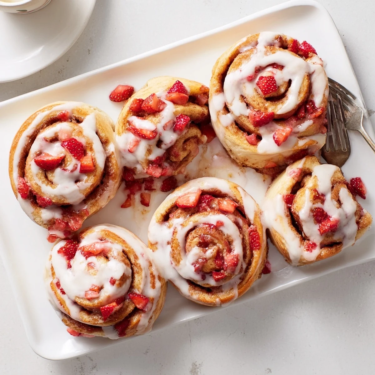 Soft fluffy strawberry cinnamon rolls topped with rich cream cheese frosting on a white plate