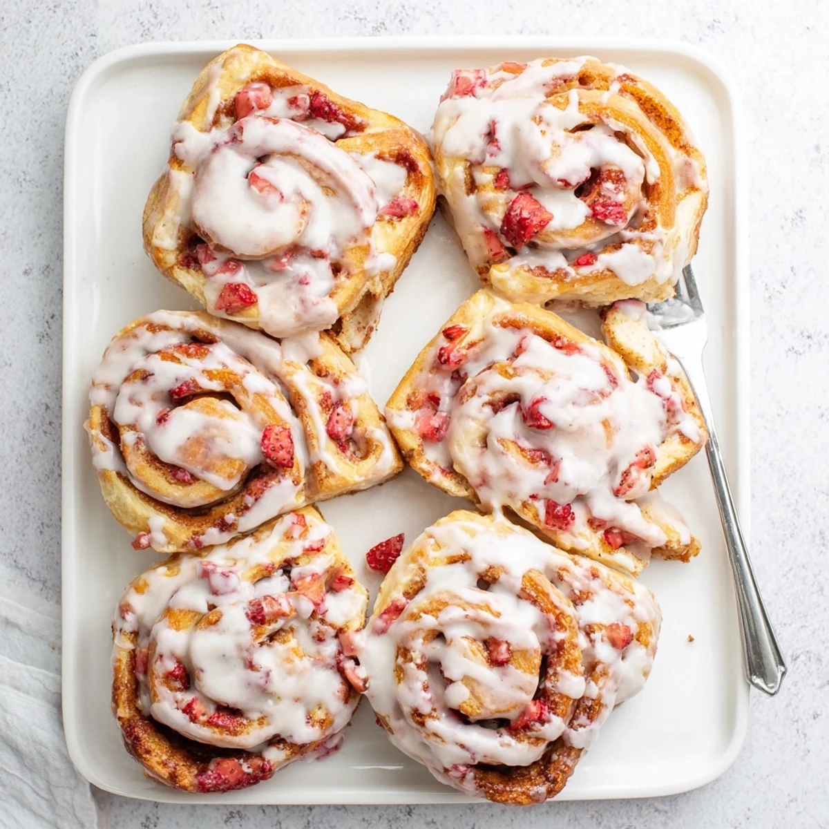 Golden homemade strawberry cinnamon rolls filled with sweet fruit and cinnamon sugar swirl