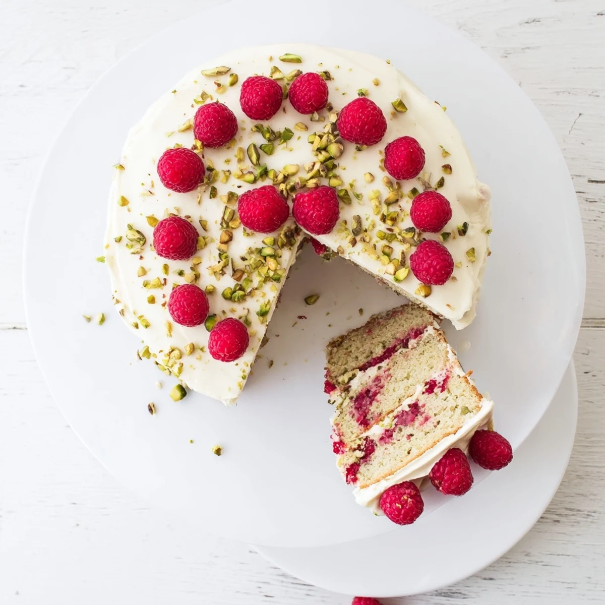Elegant green pistachio raspberry cake with chopped nuts and ruby red raspberry garnish