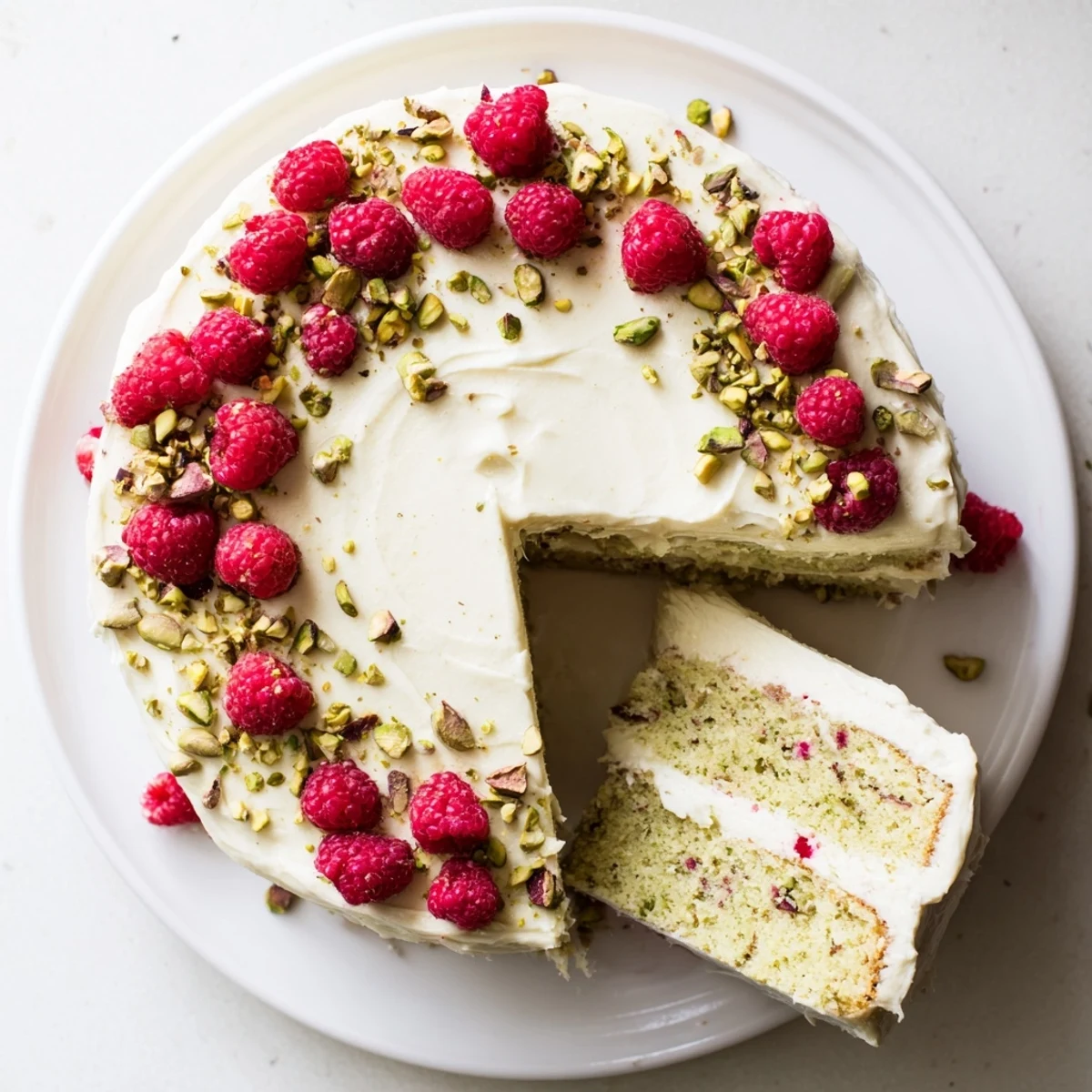 Layered pistachio raspberry cake topped with cream cheese frosting and fresh berries