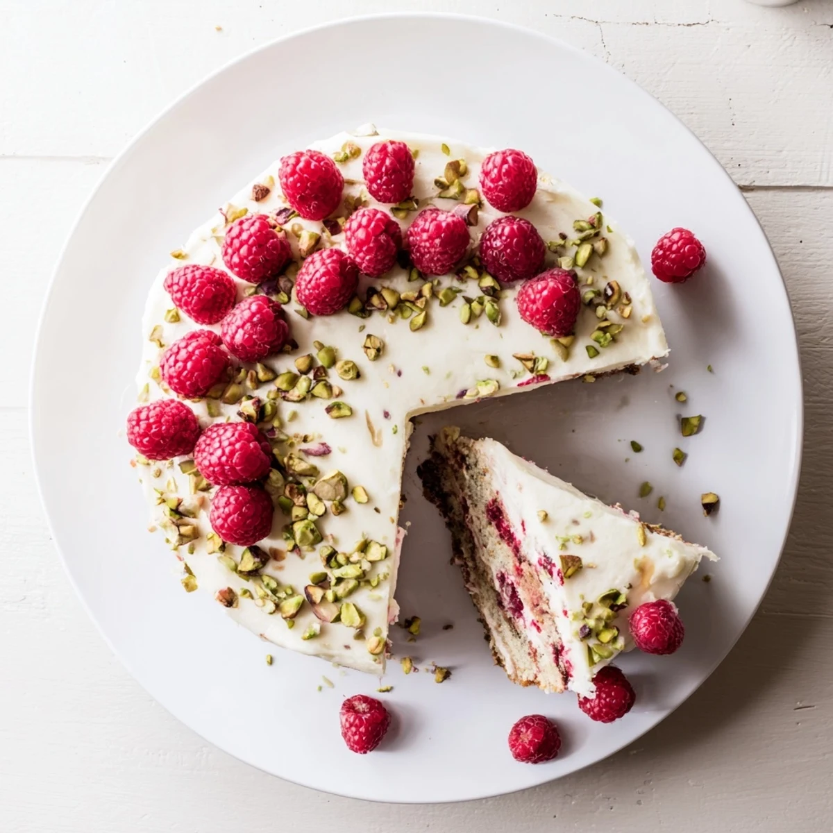 Sliced pistachio raspberry cake showing moist crumb and tangy fruit swirls inside