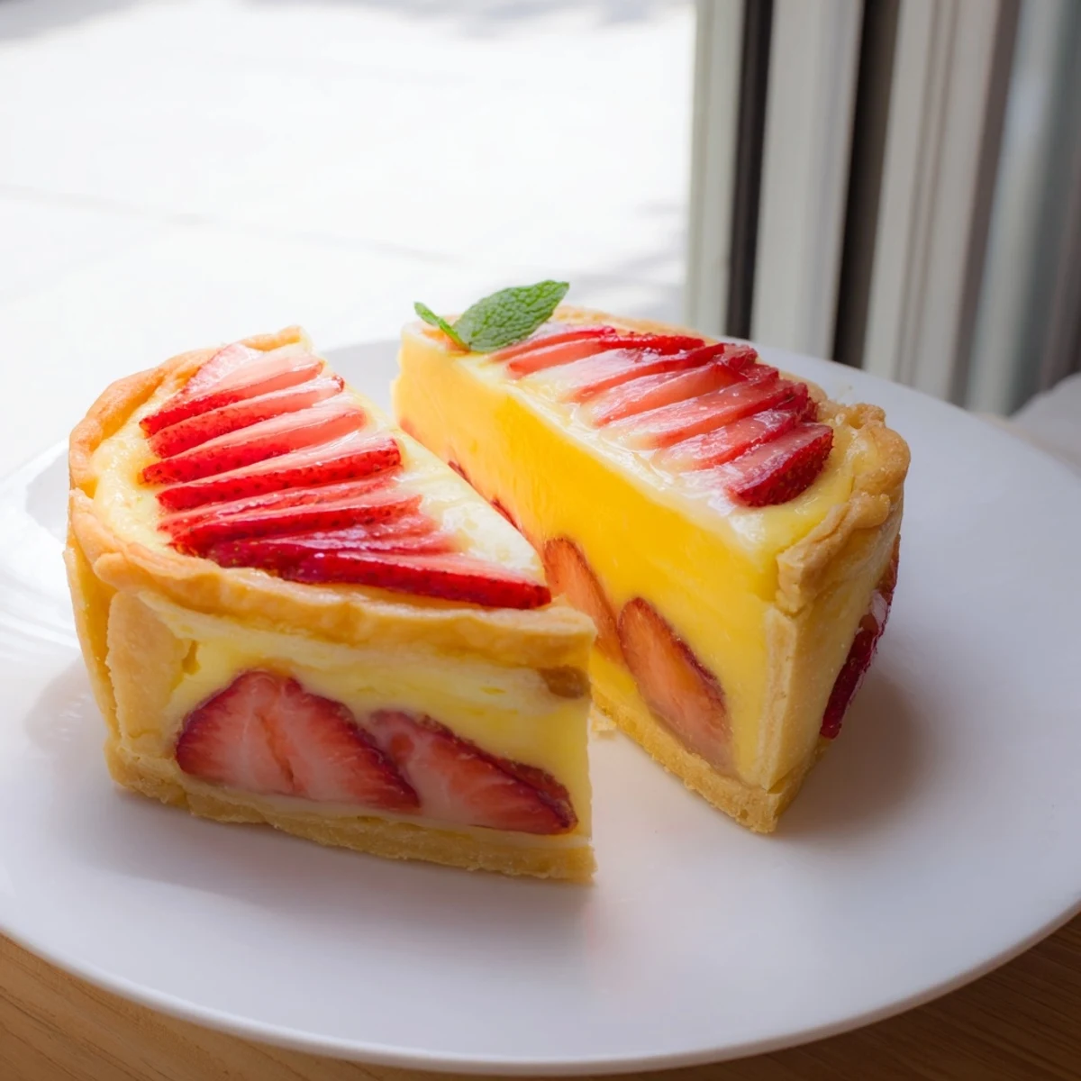 Golden buttery tart shells filled with layers of silky honey custard and bright lemon curd topped with fresh strawberries