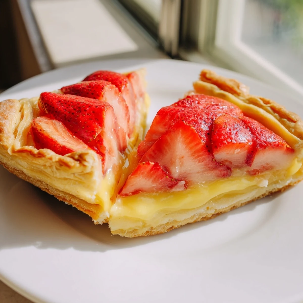 Elegant European dessert showcasing honey vanilla custard beneath zesty lemon curd and arranged strawberry garnishes