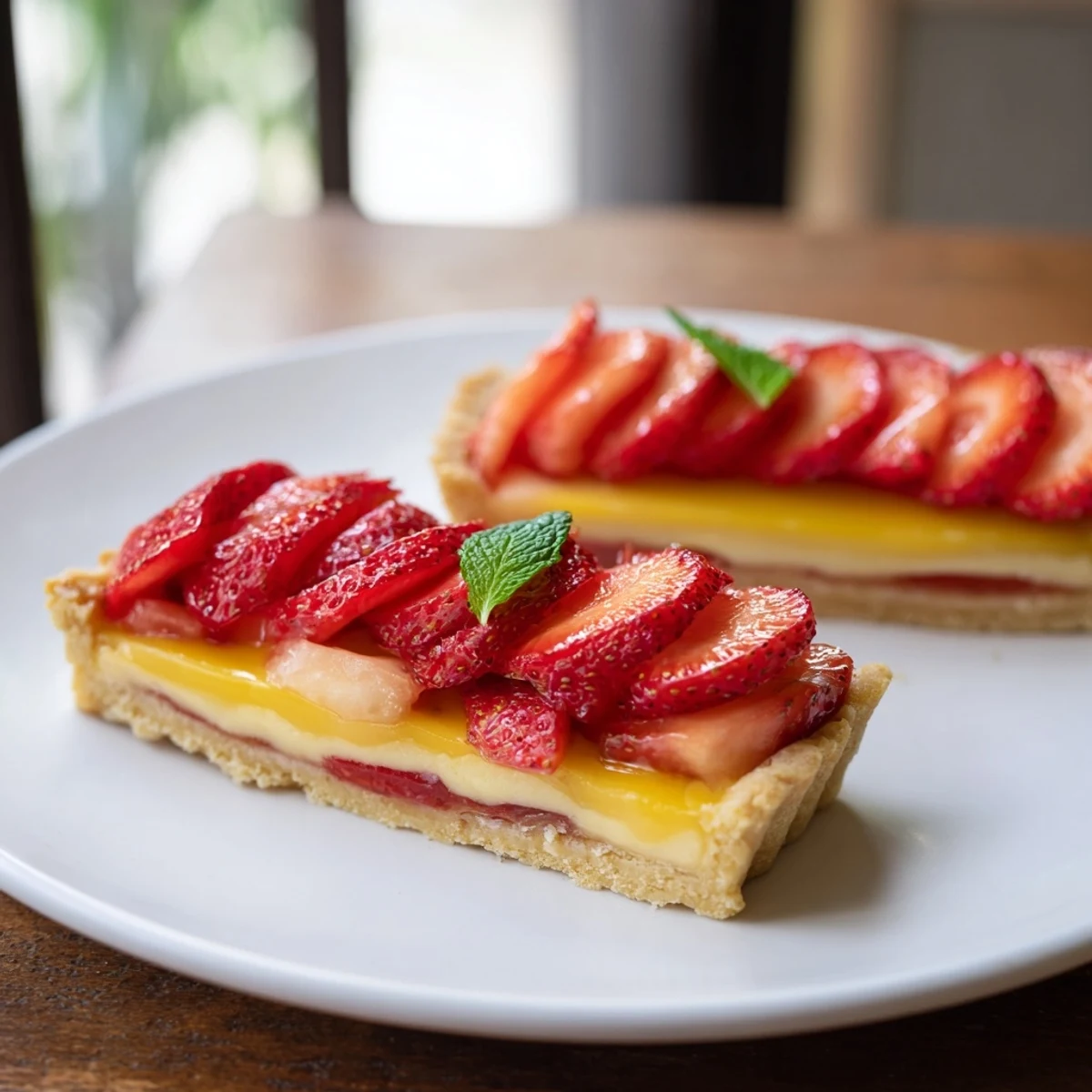 Individual strawberry honey custard tarts featuring tangy lemon curd swirls and ripe berry slices on crisp pastry bases
