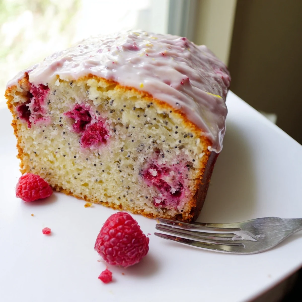 Golden raspberry lemon poppyseed loaf cake drizzled with white lemon glaze on a rustic wooden board