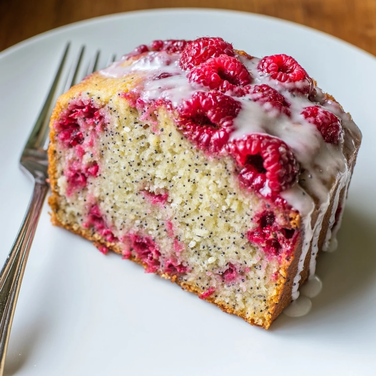 Sliced raspberry lemon poppyseed loaf revealing vibrant red berries and speckled poppy seeds throughout the tender crumb
