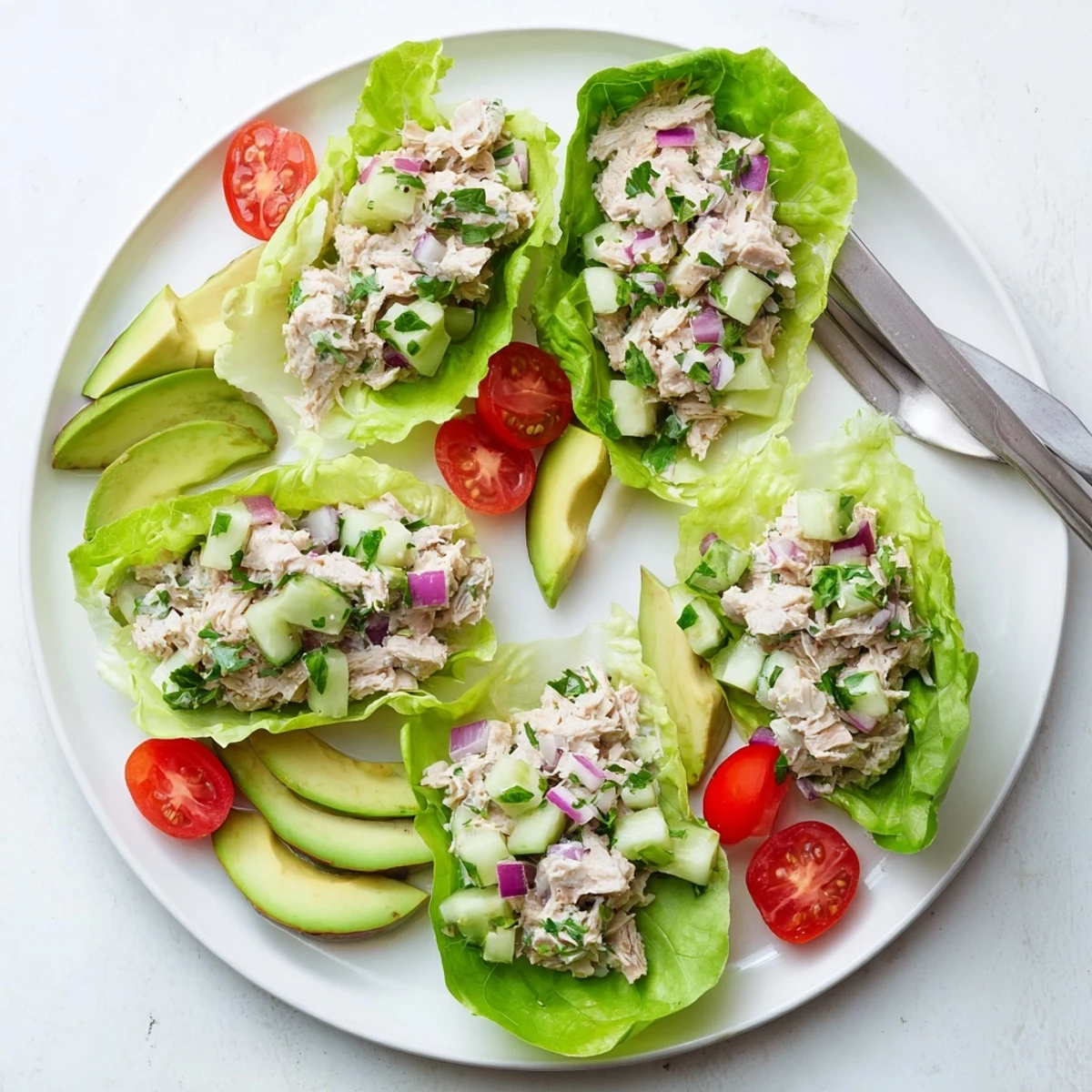 Zesty tuna lettuce wraps topped with cherry tomatoes for a light low-carb lunch
