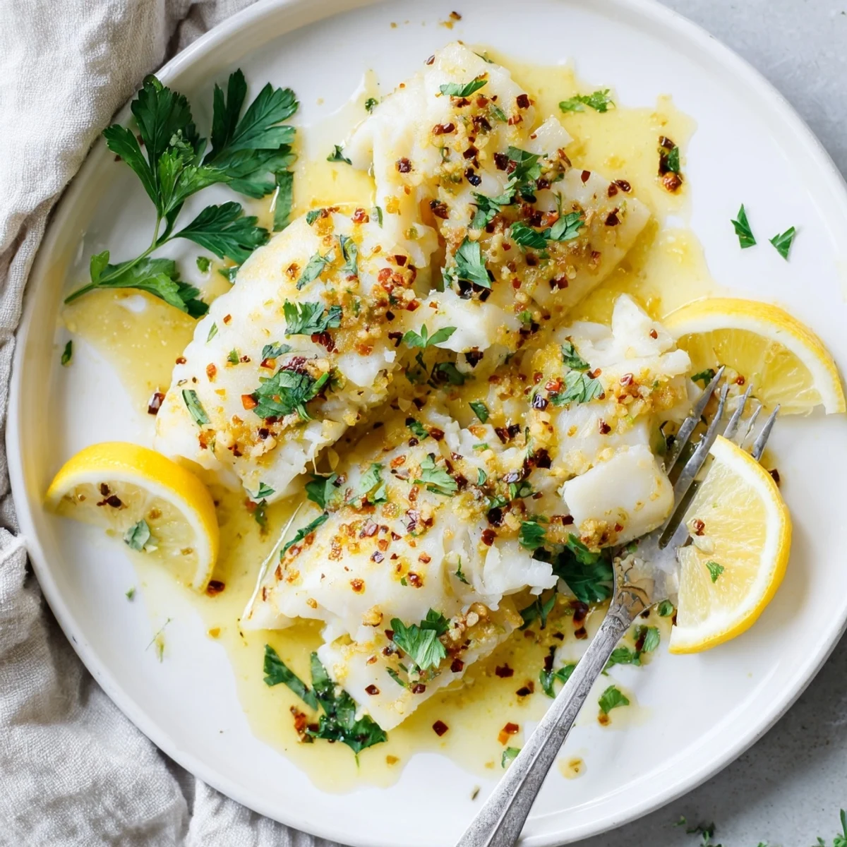 Flaky white cod fillets roasted with zesty lemon garlic butter and red pepper flakes