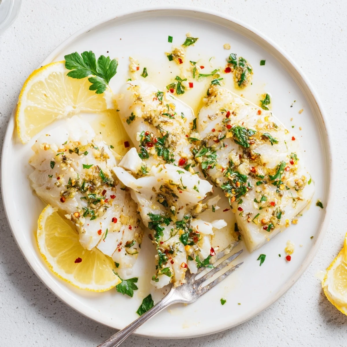 Golden baked lemon garlic cod fillets drizzled with bright buttery sauce and fresh parsley