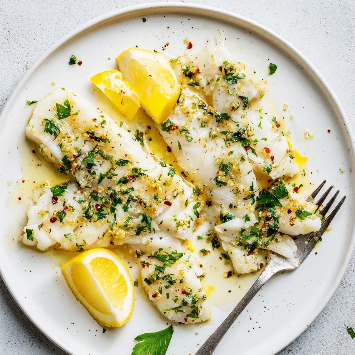 Tender Mediterranean-style baked cod served with melted lemon butter sauce and parsley garnish