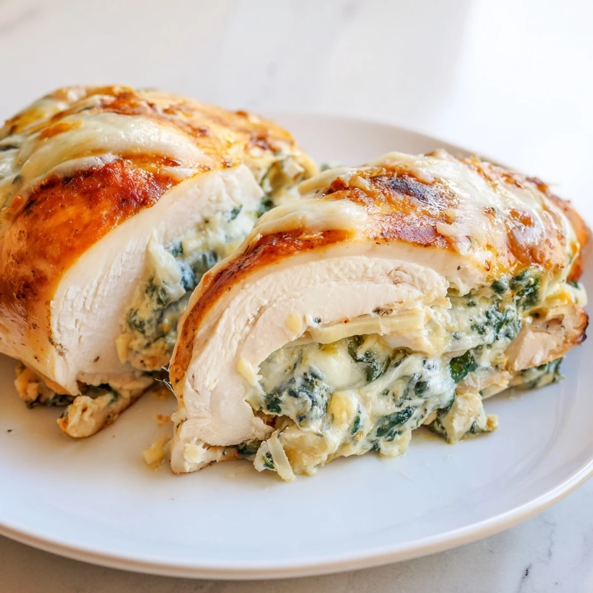 Stuffed chicken breasts sliced open to reveal creamy ricotta and spinach filling with golden bubbly cheese topping