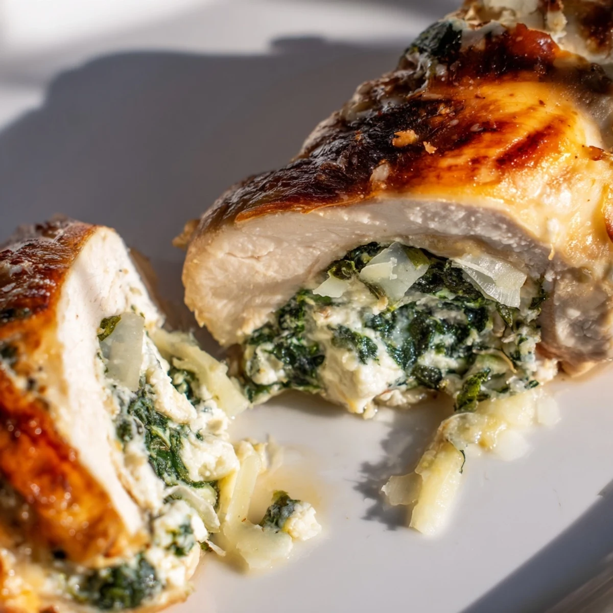 Golden baked spinach ricotta chicken breasts topped with melted mozzarella cheese on a white plate