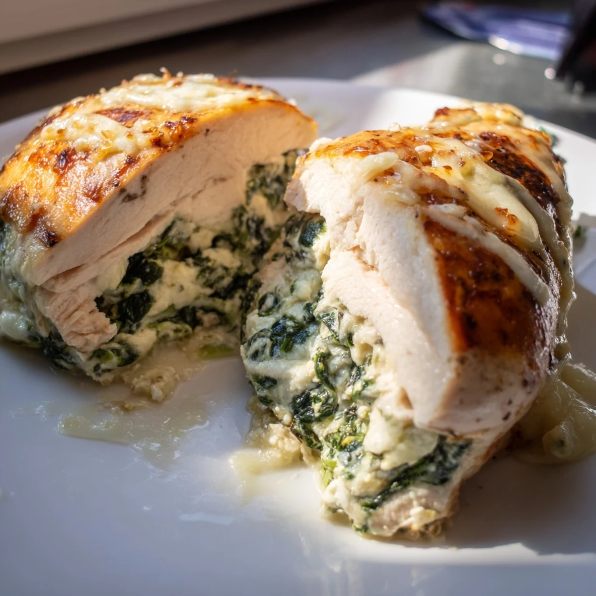 Close-up of tender baked chicken stuffed with ricotta spinach mixture, garnished with fresh herbs and parmesan