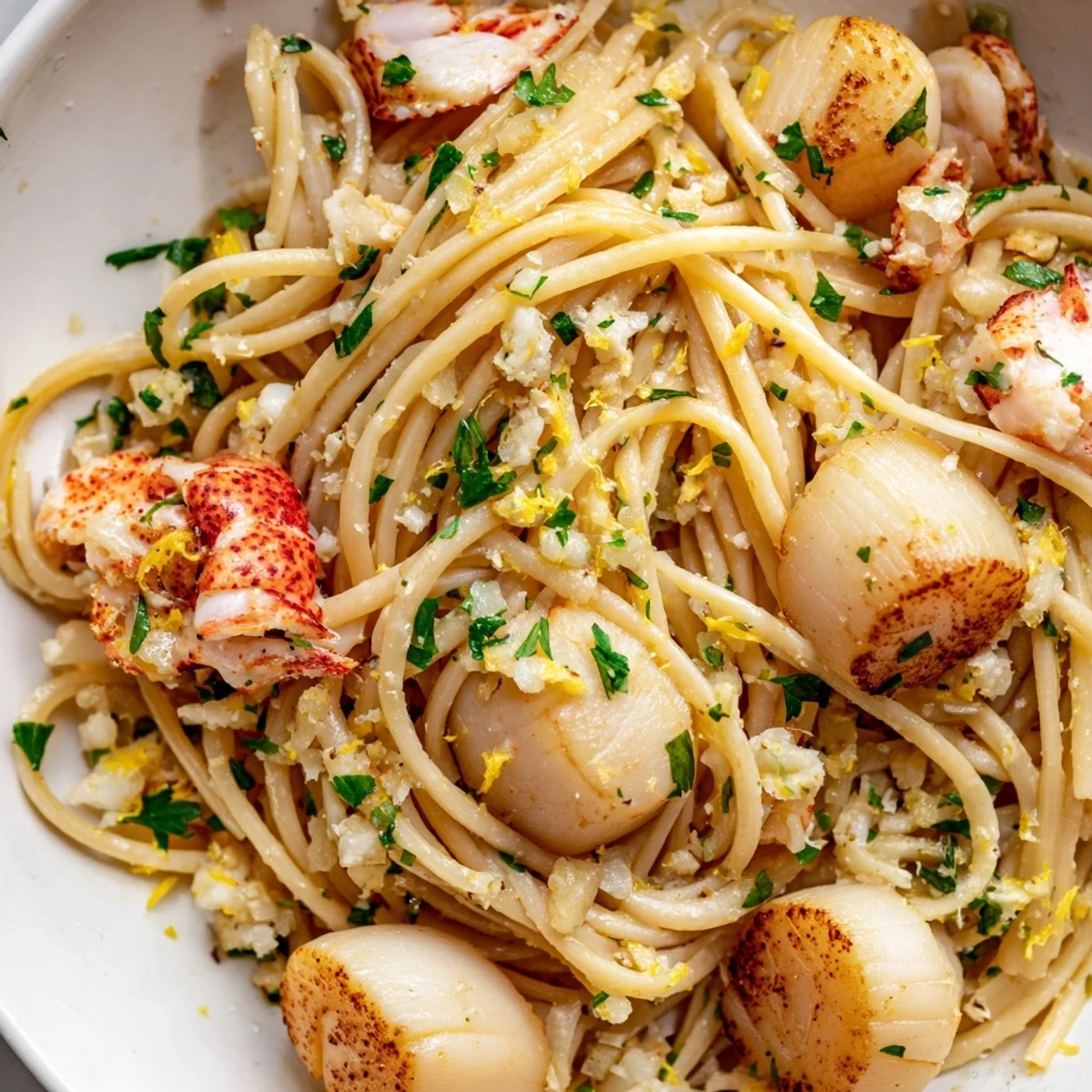 Golden lobster and scallop garlic butter linguine plated with fresh parsley and lemon wedges