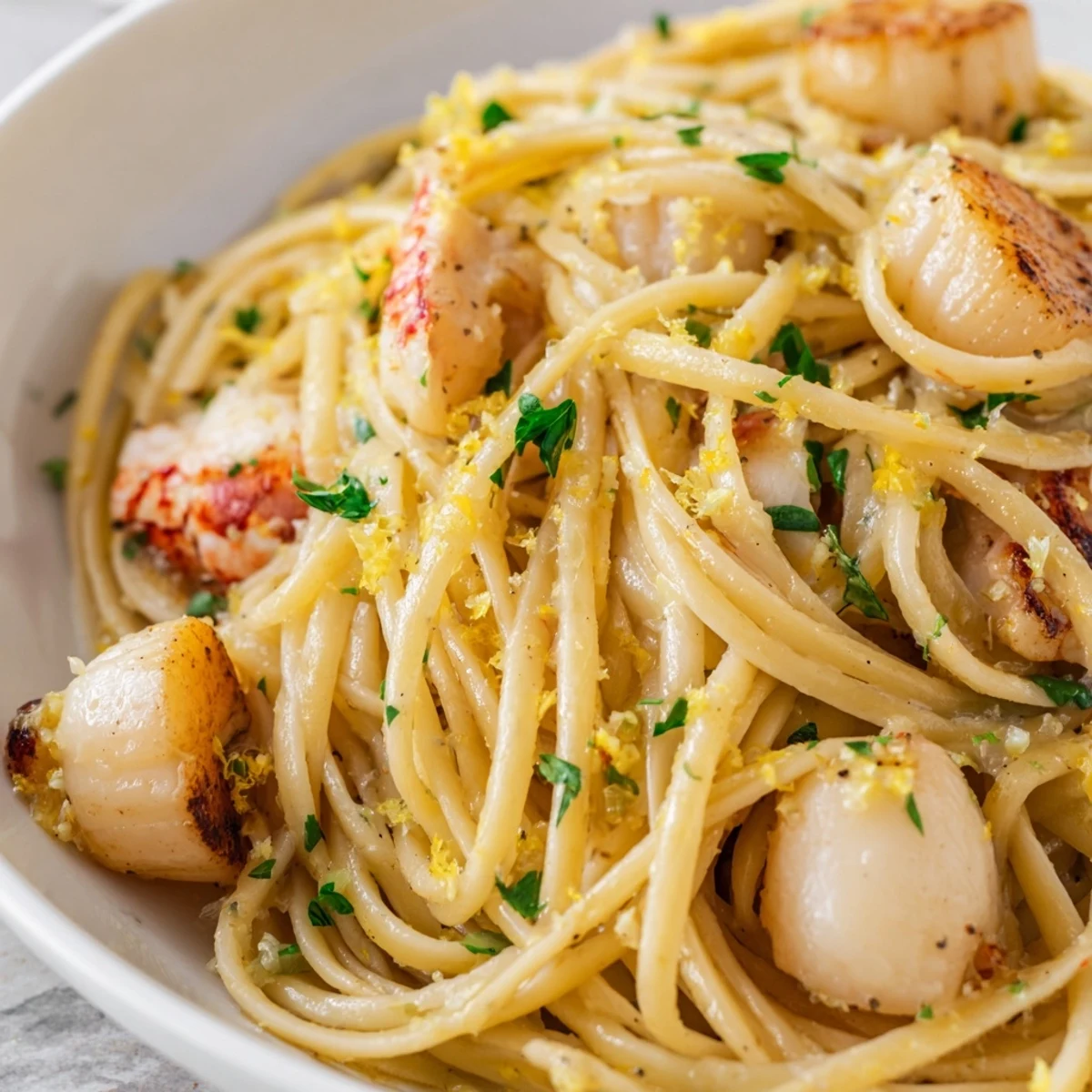 Creamy garlic butter linguine topped with tender seared scallops and lobster pieces on white ceramic