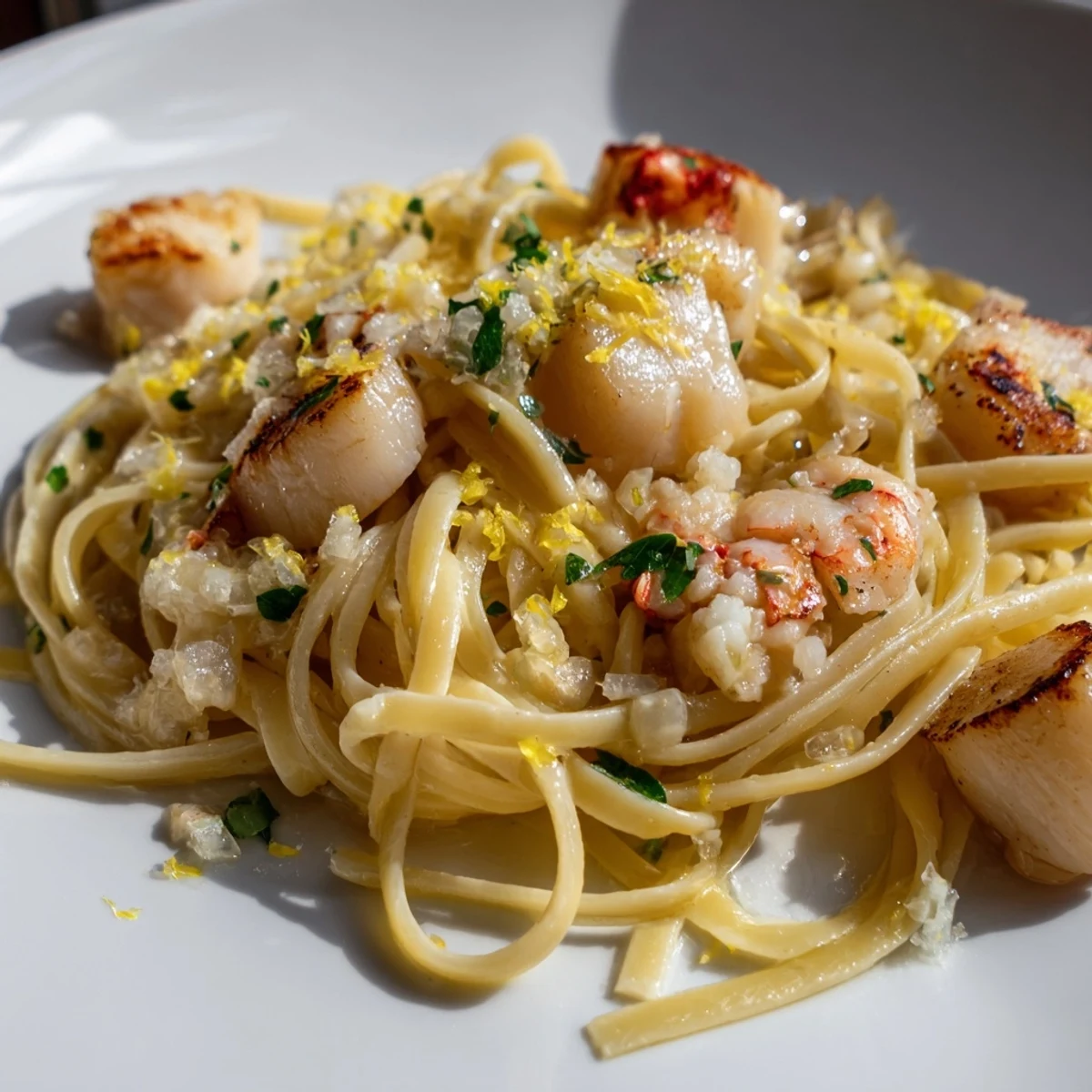 Twisted linguine tossed in rich garlic butter sauce with sweet scallops and lobster meat garnish