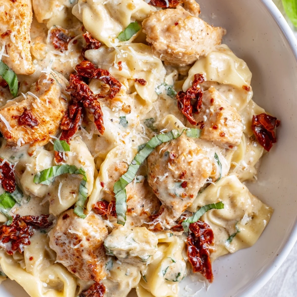 Creamy Marry Me Chicken Tortellini Skillet featuring golden chicken pieces in rich parmesan sun-dried tomato sauce