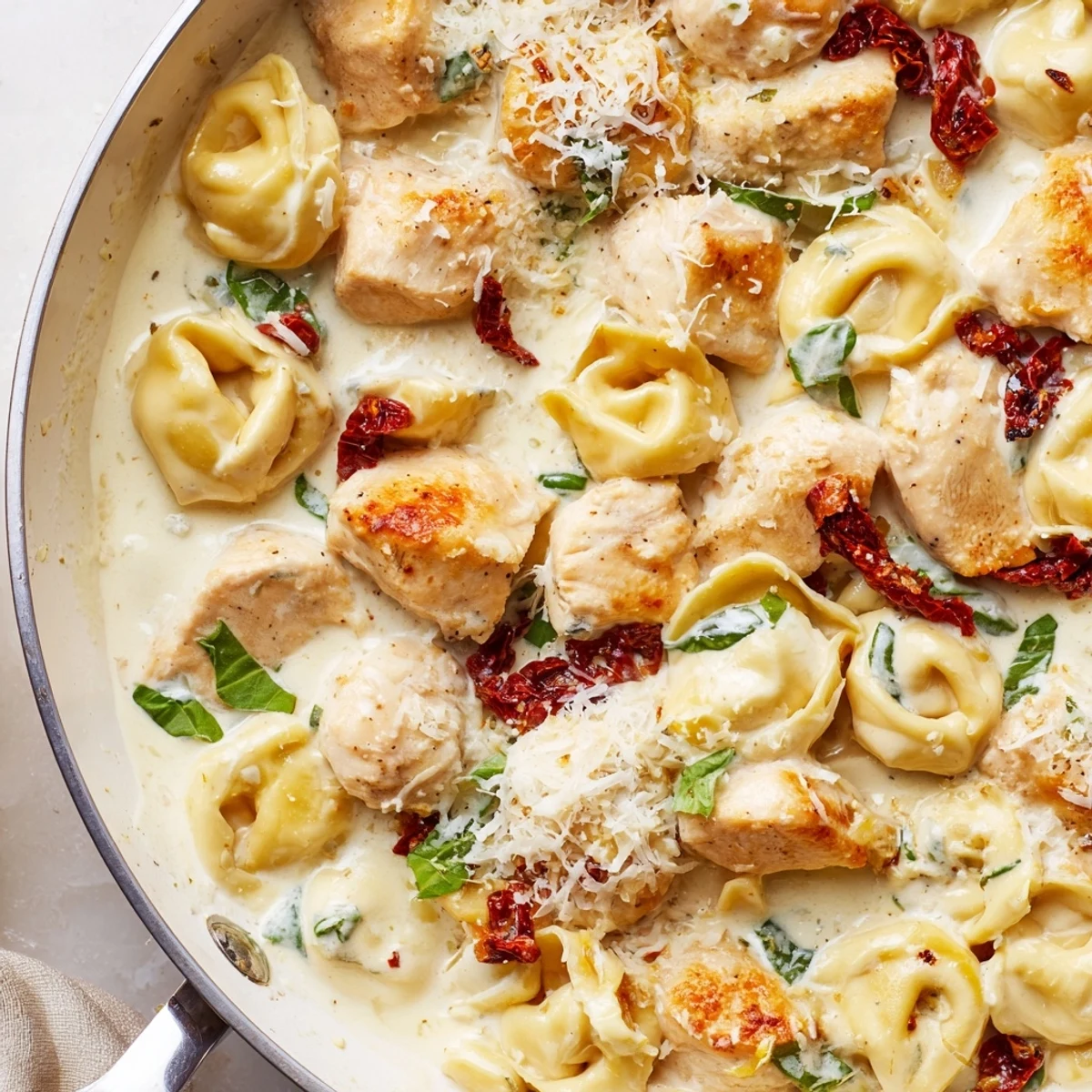 One-pot Marry Me Chicken Tortellini dish with tender tortellini tossed in savory garlic cream sauce