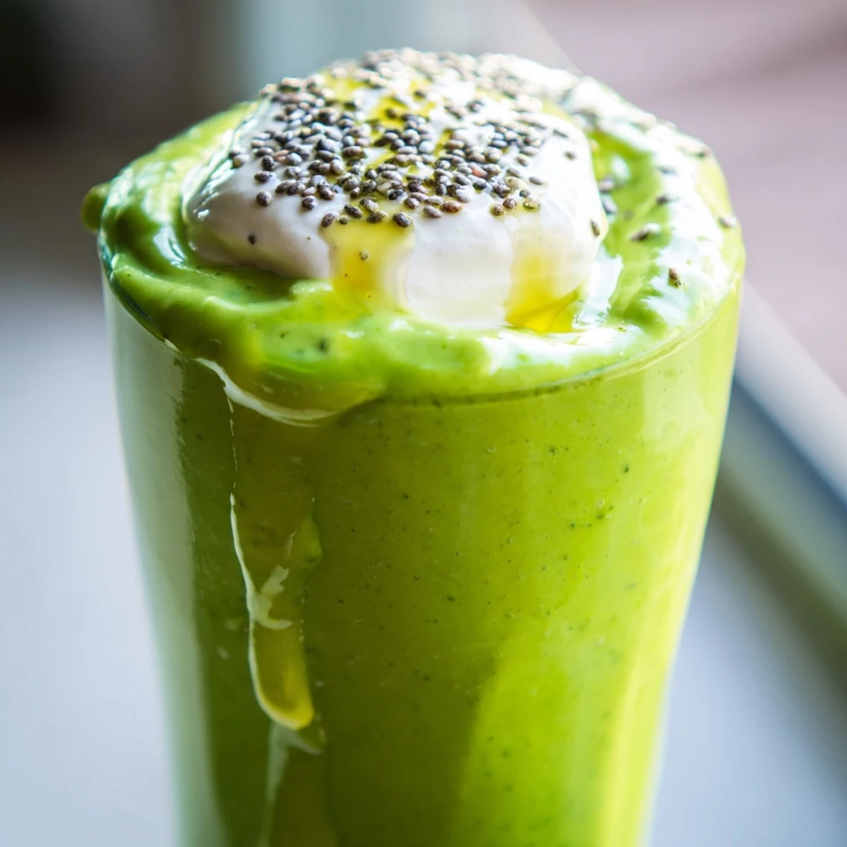 Creamy Greek yogurt green smoothie blended with fresh spinach, banana, and pineapple in a tall glass