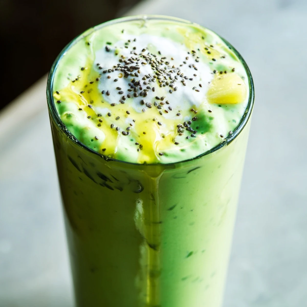 Protein-packed Greek yogurt green smoothie featuring vibrant green color topped with optional chia seeds