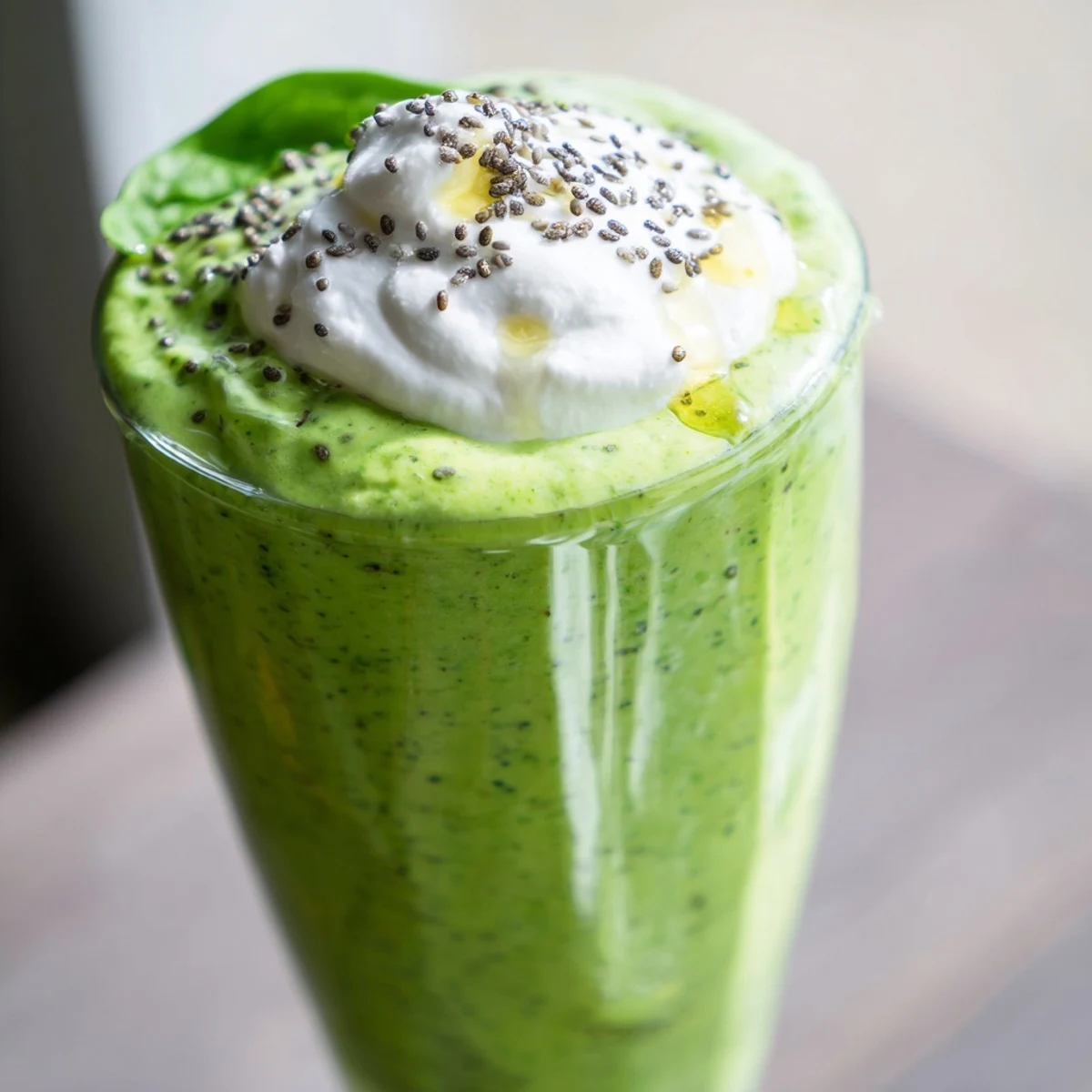 Refreshing Greek yogurt green smoothie poured into glasses with fresh fruit garnish and ice cubes