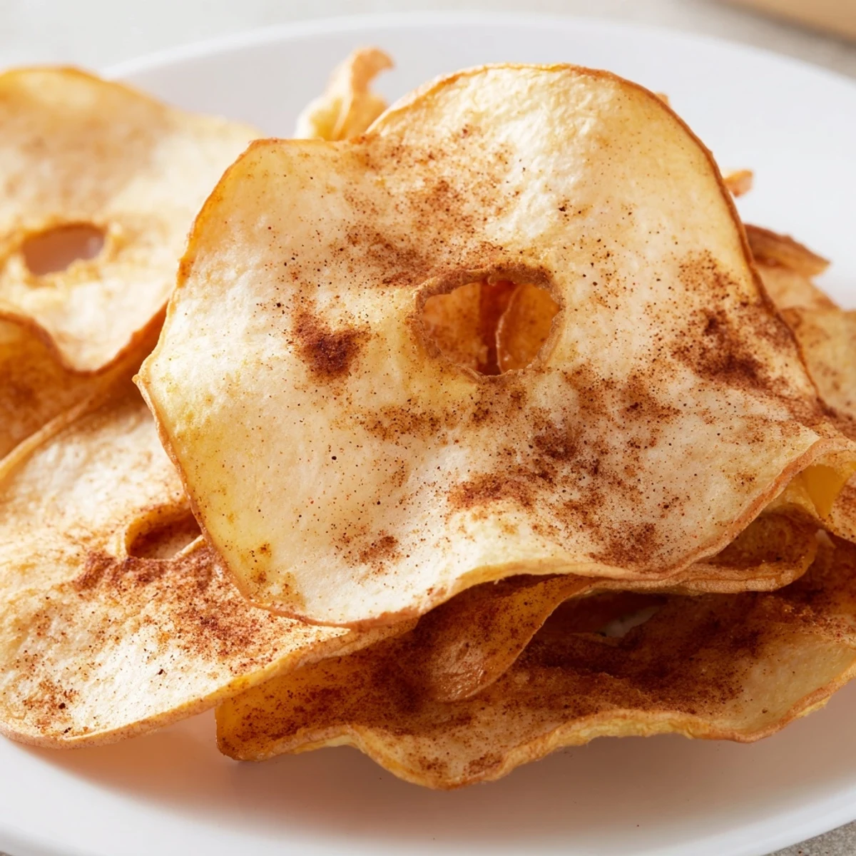 Golden brown crispy air fryer apple chips dusted with warm cinnamon spice