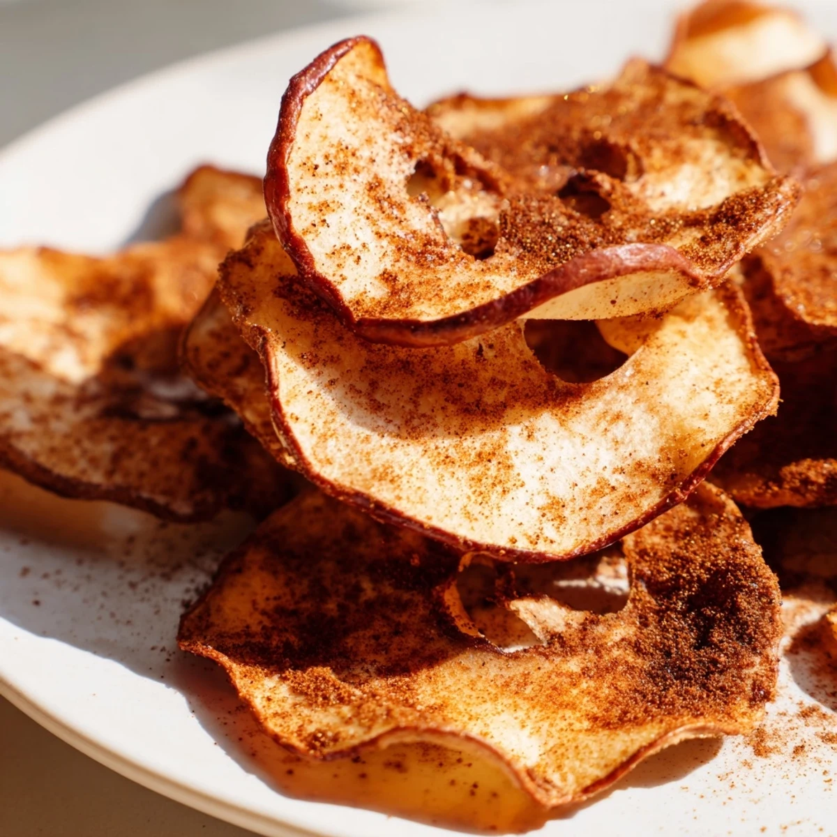 Stack of thinly sliced cinnamon apple chips arranged on white serving plate