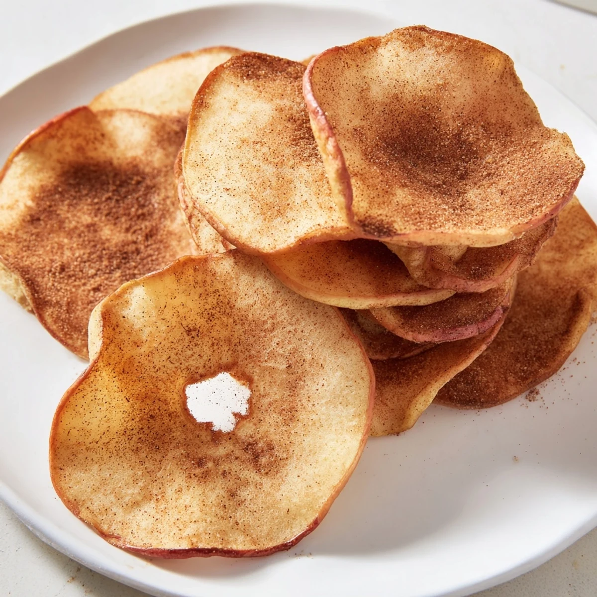 Homemade air fryer apple chips sprinkled with cinnamon cooling on wire rack