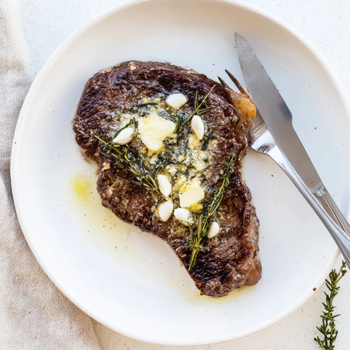 Golden seared garlic butter cast iron ribeye steak with caramelized crust resting on white plate