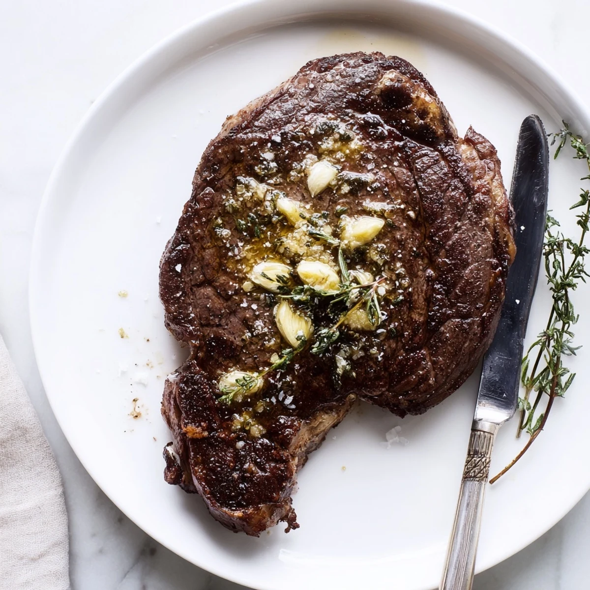 Juicy medium rare garlic butter cast iron ribeye steak topped with melted herbs and butter