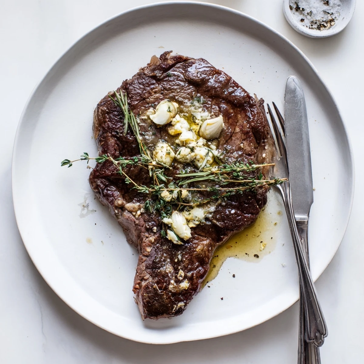 Perfectly cooked garlic butter cast iron ribeye steak sliced to reveal pink center and crust