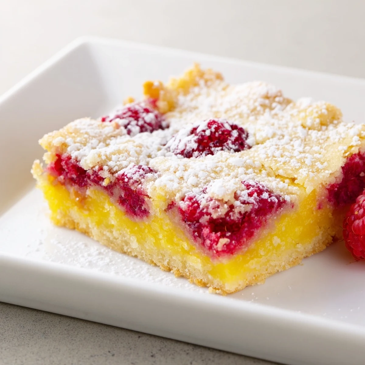 Golden raspberry lemonade bars with buttery shortbread crust and tangy fruit filling dusted with powdered sugar