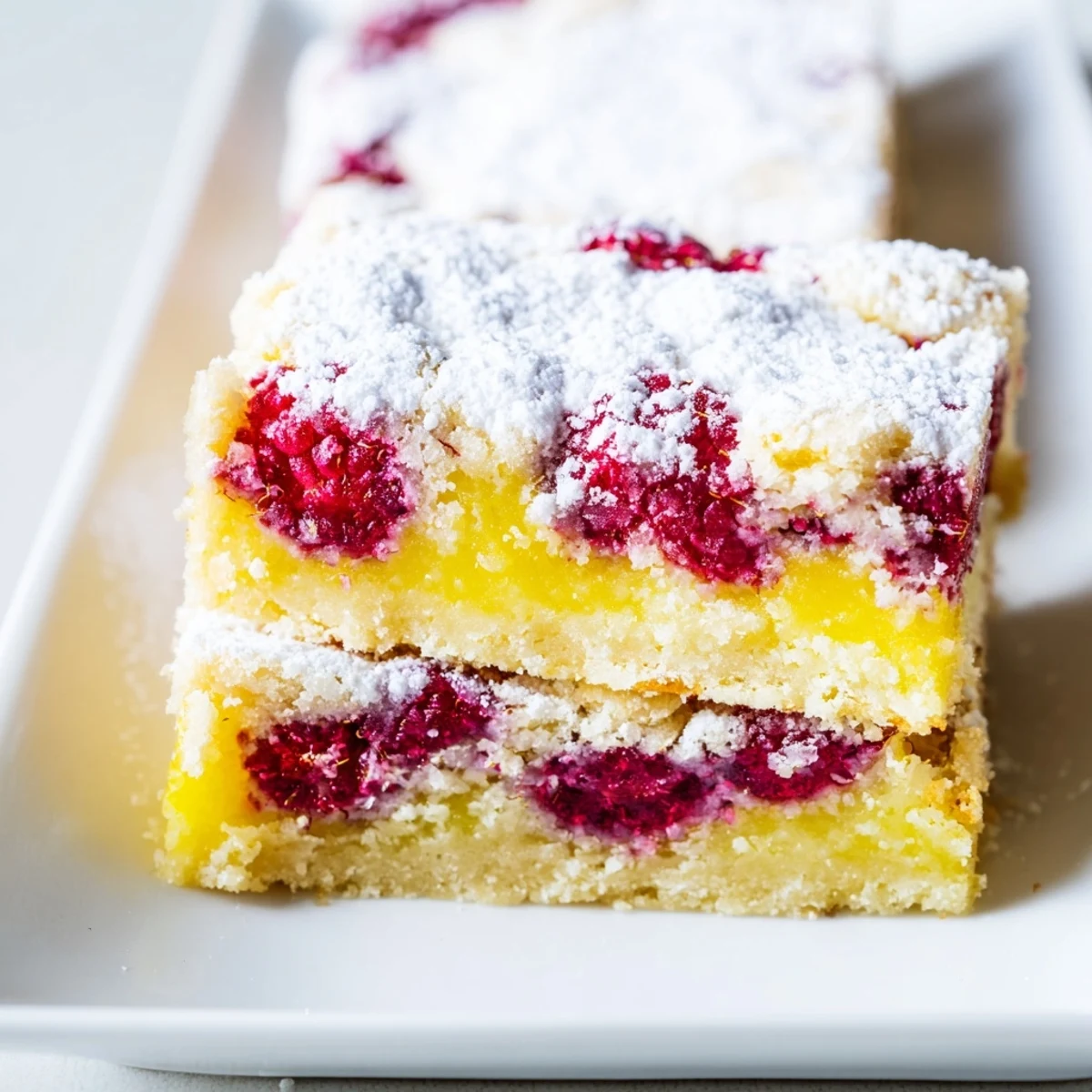 Fresh raspberry lemonade bars featuring bright red berries swimming in creamy lemon curd on a golden base