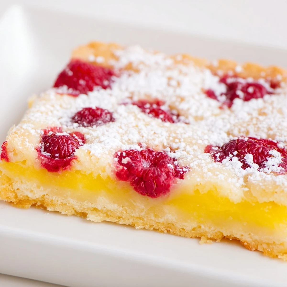 Homemade raspberry lemonade bars sliced into squares topped with fresh raspberries and a snowy layer of powdered sugar