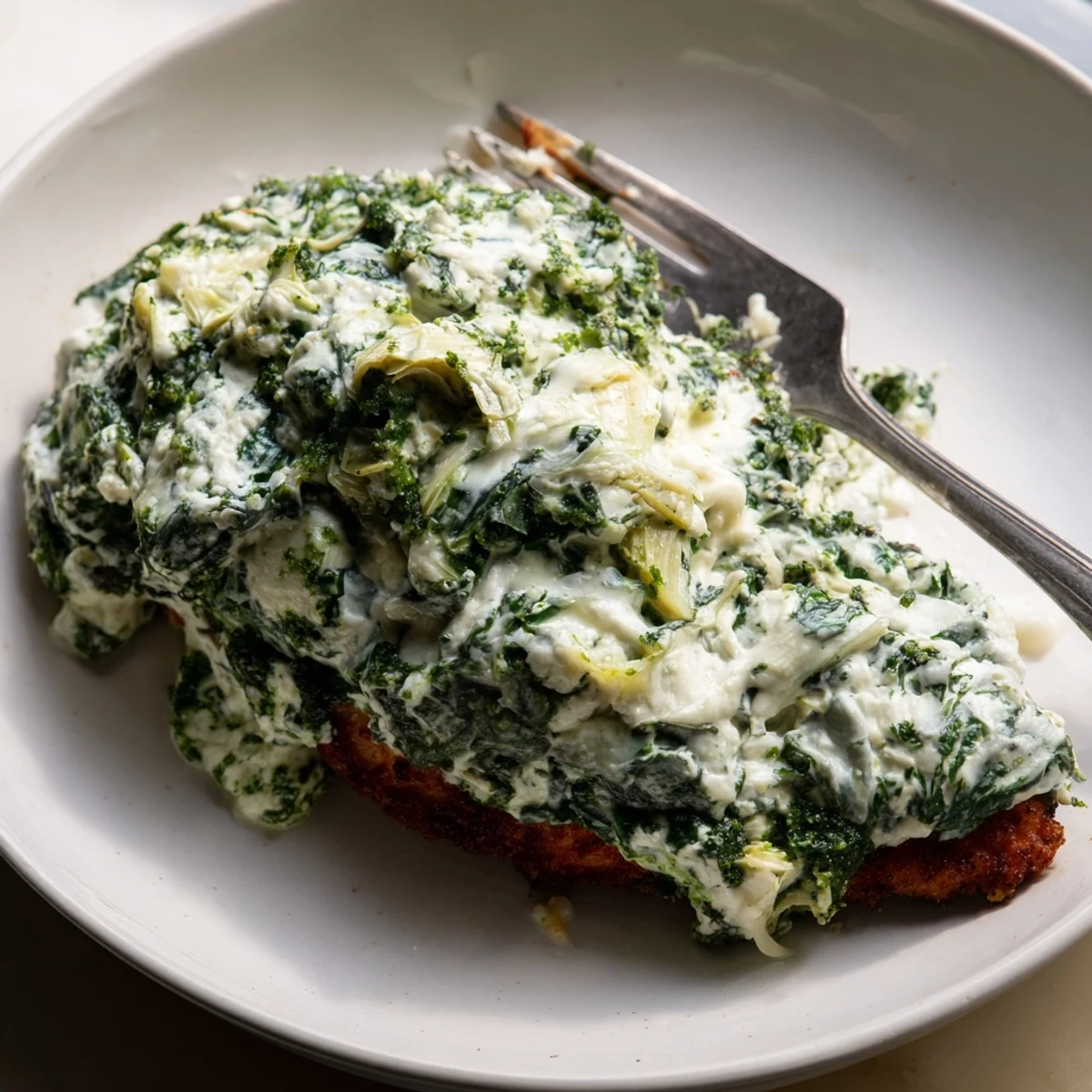 Creamy spinach artichoke chicken bake topped with vibrant green pesto and gooey browned cheese