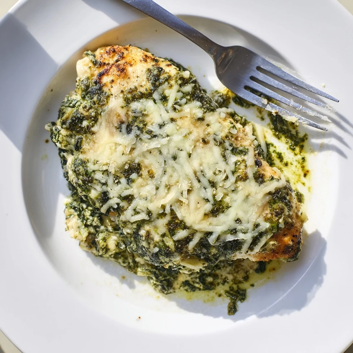 Golden bubbling pesto spinach artichoke chicken bake fresh from the oven with melted mozzarella topping