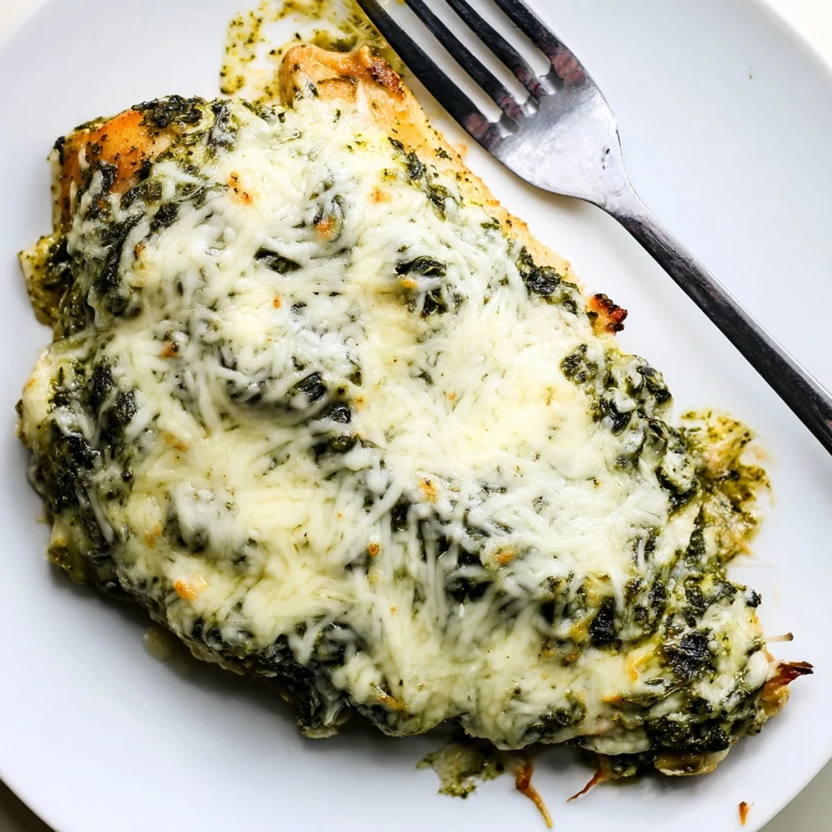 Baked chicken breasts layered with rich spinach artichoke mixture, pesto swirls, and golden cheese