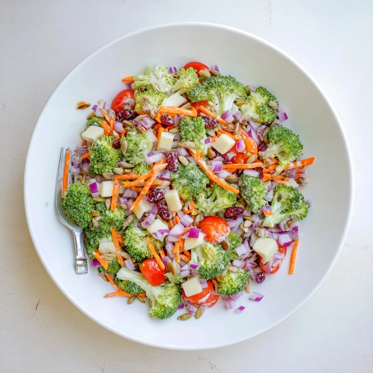 Fresh broccoli salad bowl with crisp florets, dried cranberries, and tangy yogurt dressing