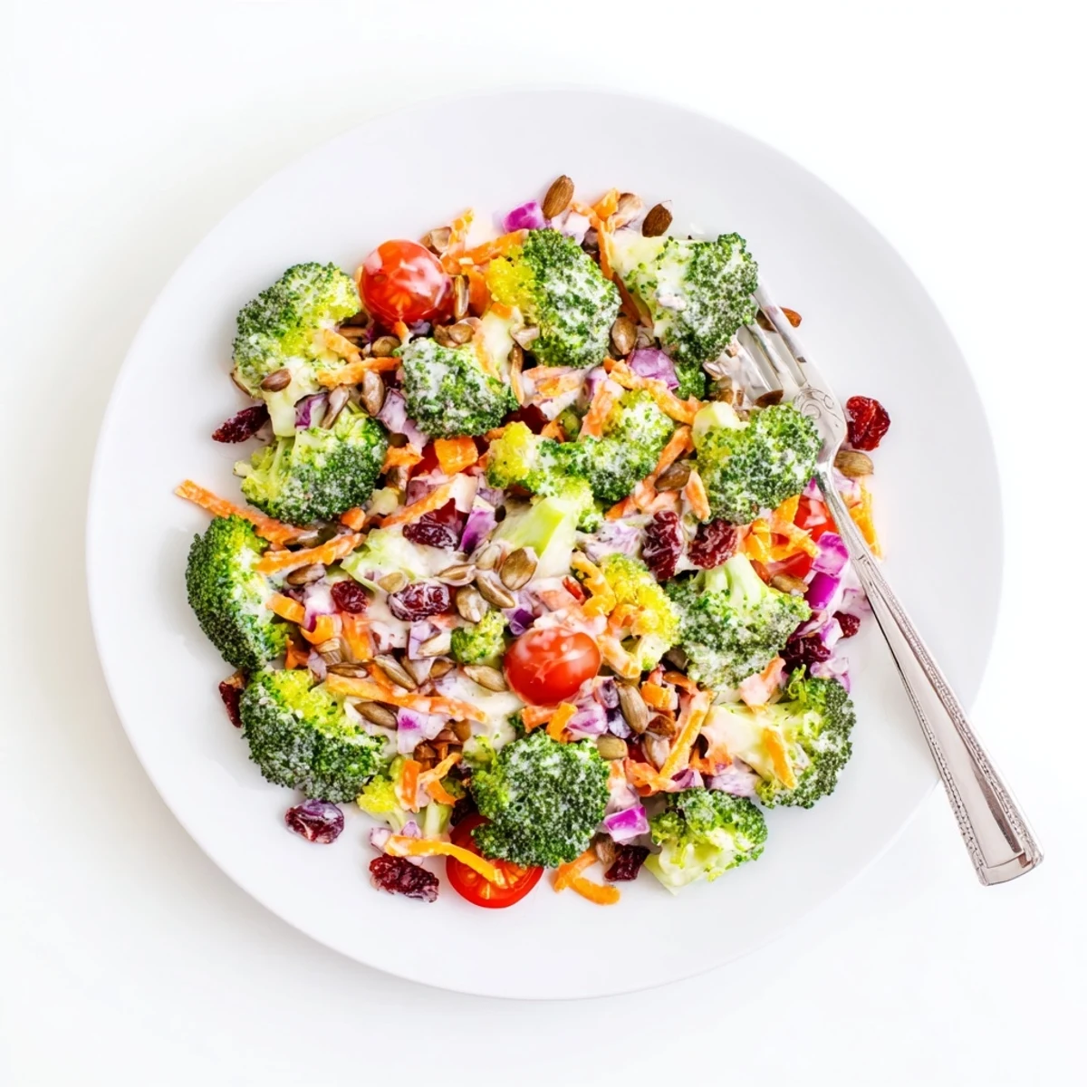 Colorful broccoli salad with cheddar cheese, sunflower seeds, and red onion in creamy dressing
